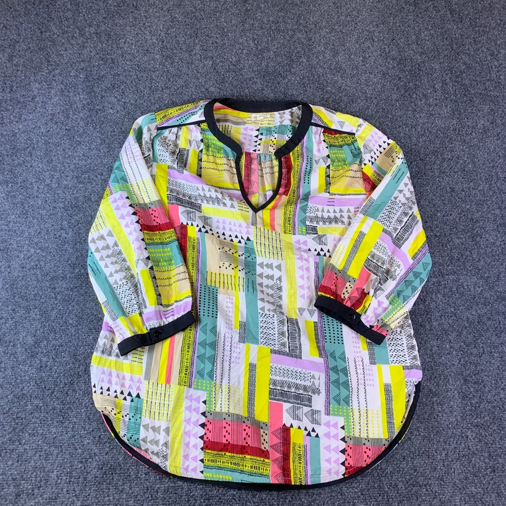 Antilia Femme Blouse Top Womens Large Multicolor Geometric Print Notch Neck